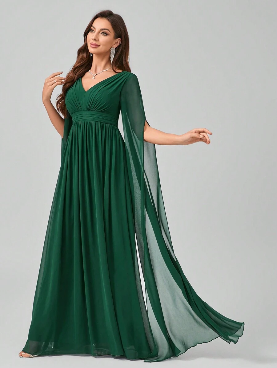 UNITHORSE Pleated V-Neck Floor-Length Chiffon Evening Dress With Draping Sleeves, Elegant Long Sleeve Bridesmaid Dress - 墨綠色 - 查看 1