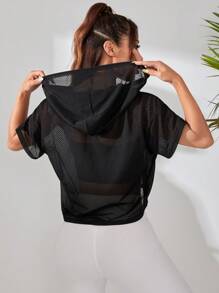 SHEIN Dewbera 女性純色下垂肩短袖寬鬆透視帽裝運動衛衣 - 黑色 - 查看 2