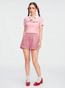 ROMWE Kawaii Áo thun nữ tay ngắn cổ Peter Pan thêu hình quả dâu tây dễ thương - Hồng - Xem 6