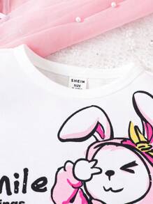 SHEIN Baby Girl Casual And Cute Cartoon Rabbit Pattern Short Sleeve Round Neck T-Shirt And Elastic Waist Patterned Long Pants Set - White - View 12