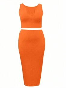 INAWLY Plus Size Women Solid Color Simple Two-Piece Set