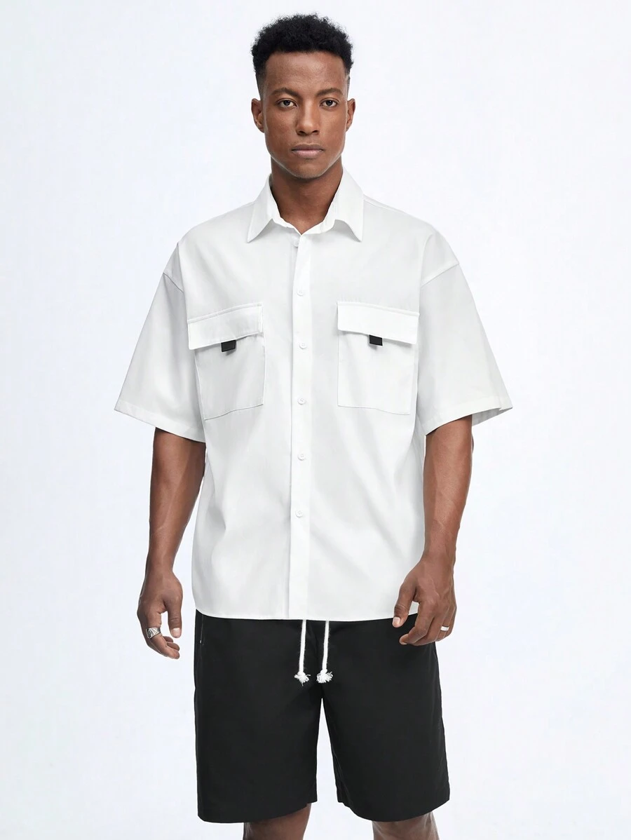 Manfinity NXTstreet Men Casual Daily Wear Spring & Summer Short-Sleeved Shirt And Drawstring Shorts Set - Black and White - View 1