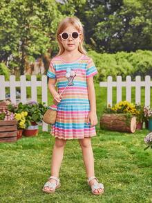 SHEIN 小女孩甜酷條紋印花立體毛球下擺百褶連身裙 - 粉色 - 查看 3