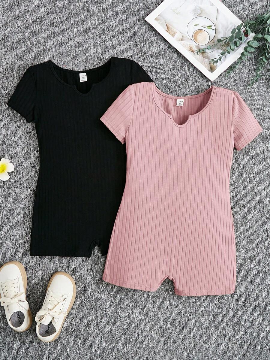 SHEIN 初中女孩針織純色小V領一件式便服短褲套裝（2件裝） - 淺粉色 - 查看 1