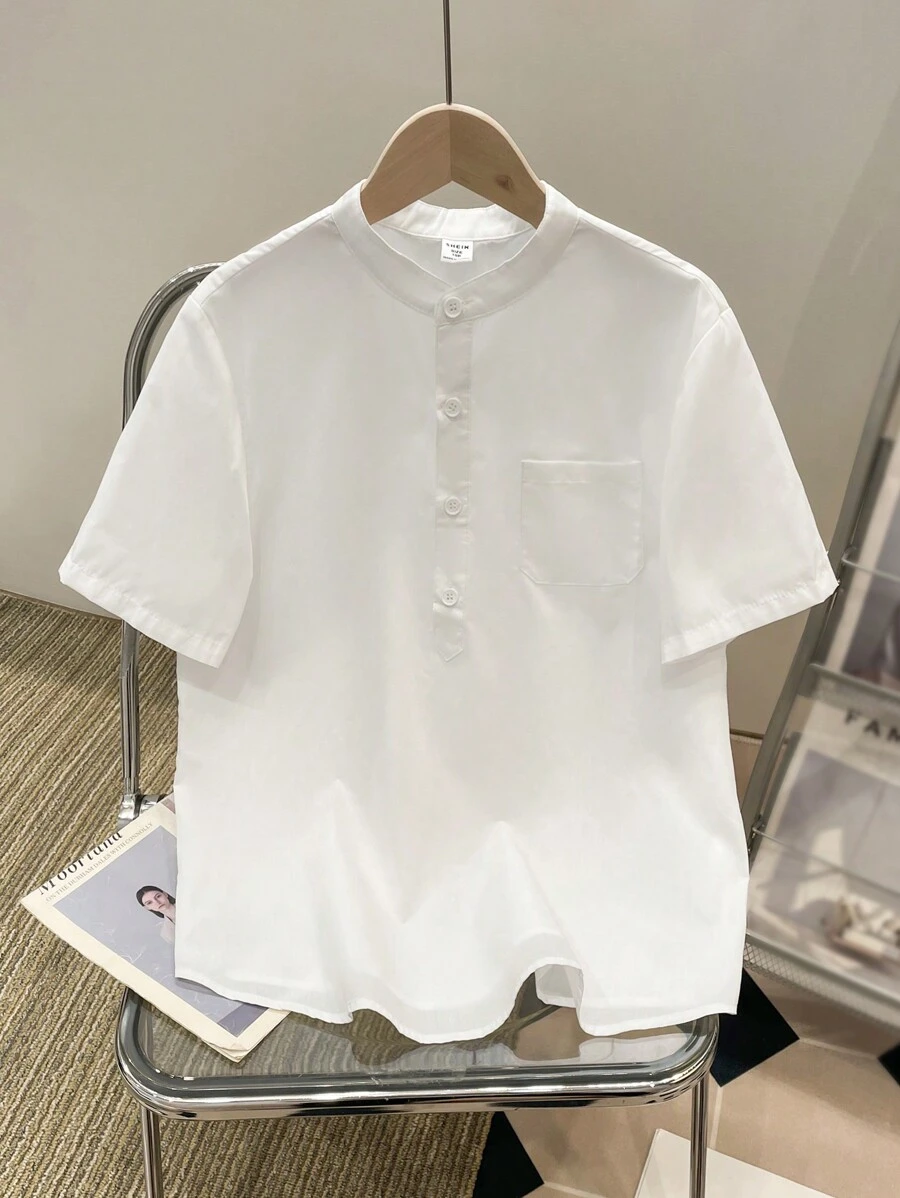 SHEIN 適用於青少年男孩的加大尺寸簡單多變的休閒校園風格襯衫 - 白色 - 查看 1