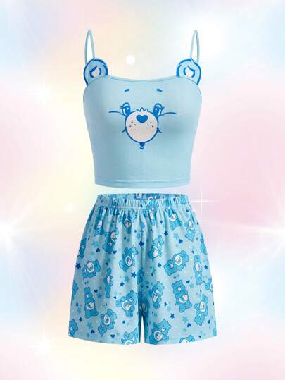 SHEIN X Care Bears 夏季卡通印花細肩帶上衣和短褲女士睡衣套裝