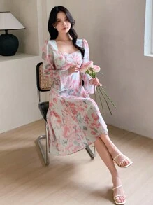 DAZY 女士印花方领优雅长袖连衣裙，荷叶边，秋季度假装扮，女士碎花连衣裙 - 彩色 - 查看 3