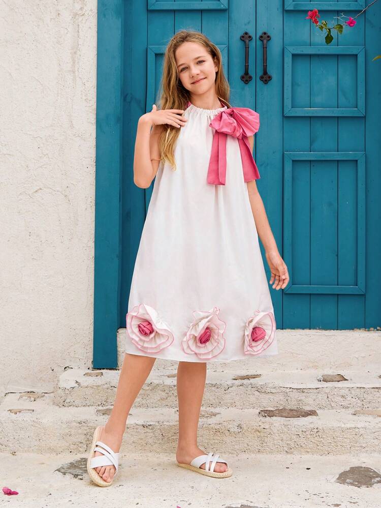 Tween Girl Loose Fit Vacation Style 3D Flower Color Block Exaggerated Bowtie Tank Dress
