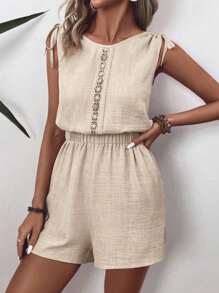 EMERY ROSE Women's Solid Color Lace Patchwork Sleeveless Jumpsuit For Vacation - Apricot - View 5