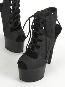 17厘米超高跟女凉鞋交叉系带露趾厚底防滑鞋底配侧拉链，镂空设计，钢管舞夜店性感罗马风格鞋 - 黑色 - 查看 4