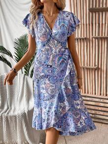 Breezaya Váy kiểu quấn in họa tiết Paisley có viền xù, eo thon và viền peplum - Màu tím hoa cà - Xem 6