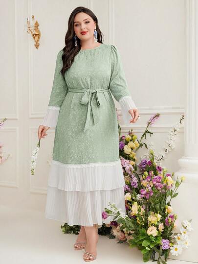 Modelyn 大码优雅提花拼色拼接长裙，适合春夏季长款晚礼服