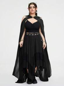 ROMWE Fairycore Plus Size Vintage Forest  Hooded Long Cape Coat - Black - View 3