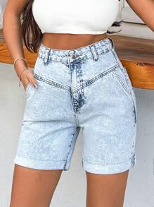 SHEIN PETITE Rigid, Sewing Detailed Short Style - Light Wash - View 3