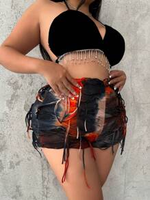 Flirla Fashionable Plus Size Women's Contrast Color Fringed Shorts