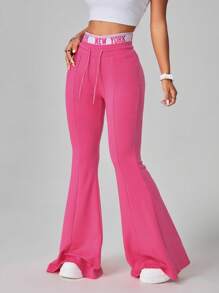 SHEIN EZwear Quần ống loe dệt kim cạp thấp màu chắp vá thể thao dành cho nữ, Xuân/Hè - Hồng - Xem 1