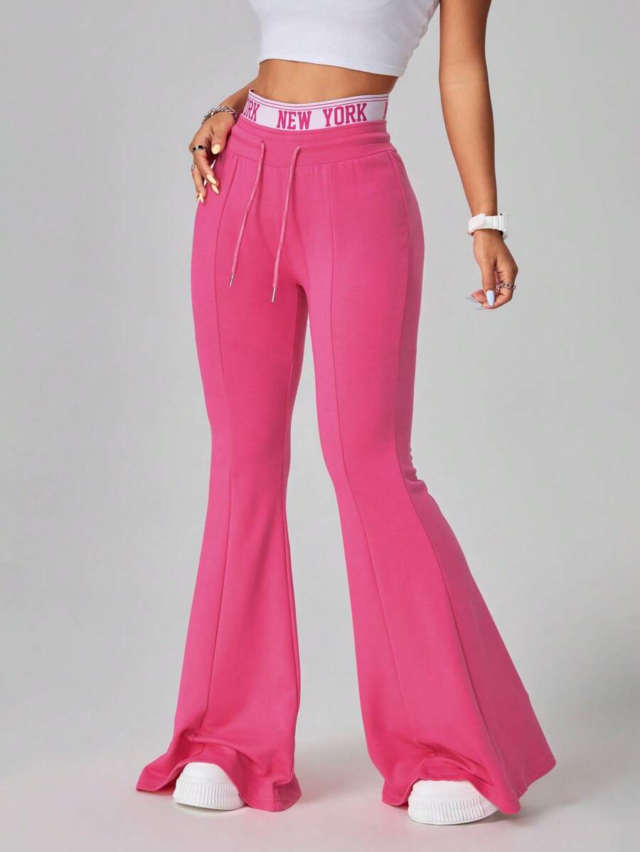 SHEIN EZwear Quần ống loe dệt kim cạp thấp màu chắp vá thể thao dành cho nữ, Xuân/Hè - Hồng - Xem 1