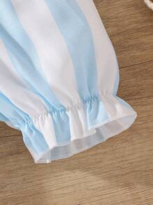 Baby Girl 2pcs Outfit Set, High-Necked Striped Blouse With Frill & Shorts, Casual & Cute & Elegant, Spring/Summer - Blue - View 5