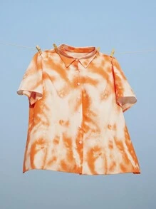 SHEIN EZwear 大碼女士夏季扎染度假短袖衫 - 橘色 - 查看 4