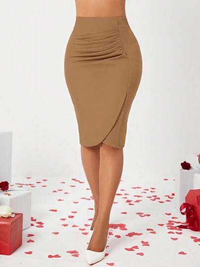 SHEIN Lady 女式优雅纯色褶皱紧身裙，春夏季