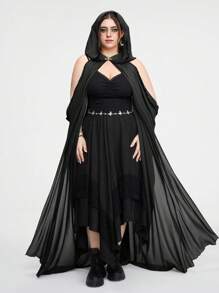 ROMWE Fairycore Plus Size Vintage Forest  Hooded Long Cape Coat - Black - View 1