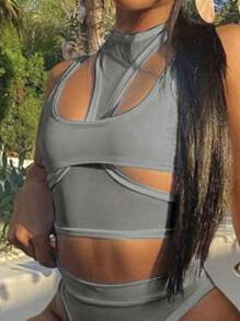 INAWLY Women Fashionable Asymmetrical Cut Solid Color Sexy Tank Top For Summer - Light Grey - View 3