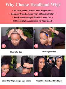 Deep Wave Headband Wig Human Hair Wigs With Head Band  Affordable Hair Replacement Headbands Wig Ready Wear To Go Daily Use Natural Black Color - Natural Black - View 5