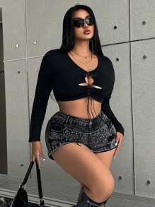 Flirla Talla grande Camiseta crop con cordón delantero - Negro - Ver 3
