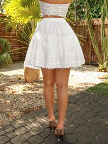 SHEIN SXY Conjunto de mujeres para vacaciones de verano en la playa Y2K con falda de encaje con volantes de unicolor para ocio y vacaciones