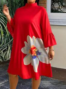 SHEIN LUNE Đầm thanh lịch cỡ lớn, đầm nữ tay lỡ in hoa có viền nhún bèo cổ giả - Đỏ - Xem 4