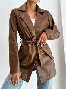 EURMUSE Brown Fake Leather Padded Jacket - Brown - View 7