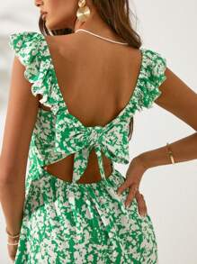 EURMUSE Women Square Neck Ruffle Sleeve Back Tie Midi Dress - Green - View 1