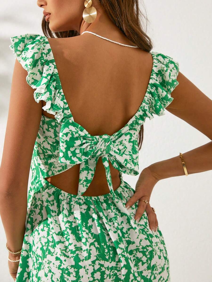 EURMUSE Women Square Neck Ruffle Sleeve Back Tie Midi Dress - Green - View 1