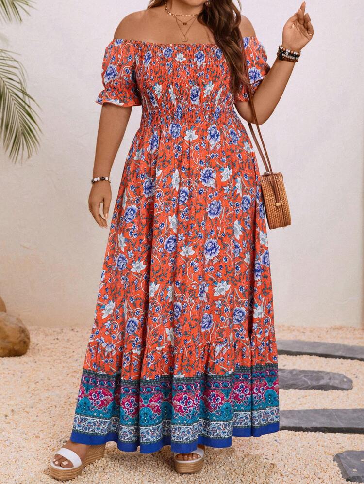 Plus Size Vacation Off Shoulder Short Sleeve Dress