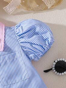 SHEIN Playful Pals 極簡條紋泡泡袖寶寶女裝夏季日常連衣裙 - 彩色 - 查看 5