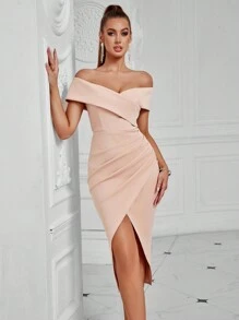 ADYCE Vestido de Body ceñido de longitud media con hombros descubiertos, fruncido, dobladillo envolvente y abertura alta, adecuado para bailes, fiestas de cumpleaños, galas, citas, regreso a casa, invitados de boda, fiestas de cóctel, reuniones familiares y festivales en verano - Albaricoque - Ver 1