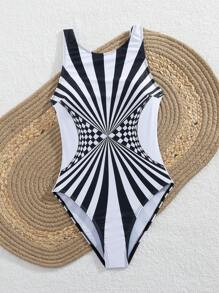 SHEIN Swim Basics Đồ bơi một mảnh đơn giản không tay dành cho nữ đi biển mùa hè - Đen và trắng - Xem 4