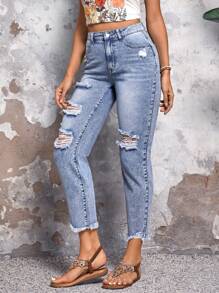 SHEIN LUNE Ladies' Casual Washed Ripped Raw Hem Tapered Jeans - Blue - View 5