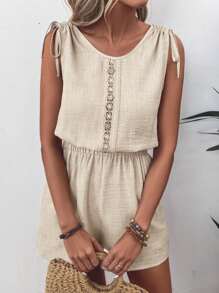EMERY ROSE Women's Solid Color Lace Patchwork Sleeveless Jumpsuit For Vacation - Apricot - View 3