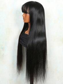 Transparent Lace Straight 13 X 4 Lace Front Wig With Bangs Real Human Hair Lace Frontal Closure Wig With Baby Hair Pre Plucked Natural Hairline Wig Natural Black Color - Natural Black - View 3