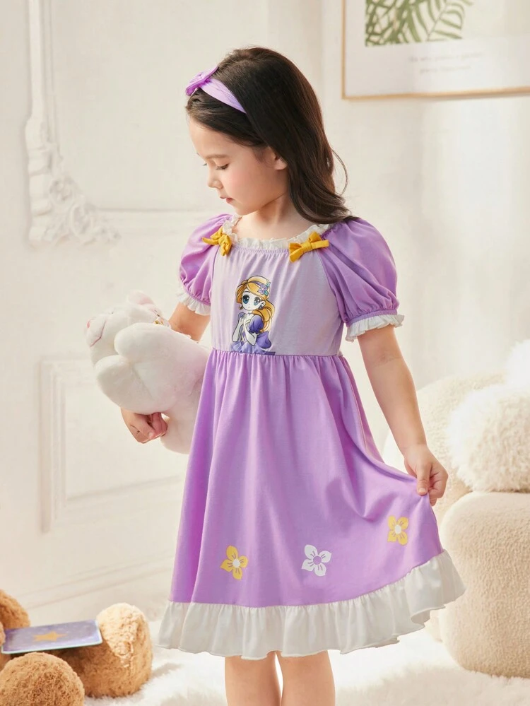 Young Girl Summer Sweet And Lovely Bubble Sleeves With Ruffle Trim And 3D Bow Decoration, High-Contrast Knit Stitch Home Dress
