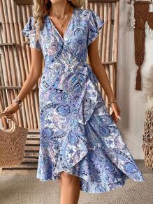 Breezaya Váy kiểu quấn in họa tiết Paisley có viền xù, eo thon và viền peplum - Màu tím hoa cà - Xem 3