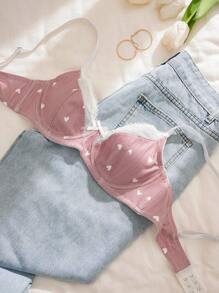 PetitDoll Women Heart-Shaped Print Color Block Bra, Kawaii