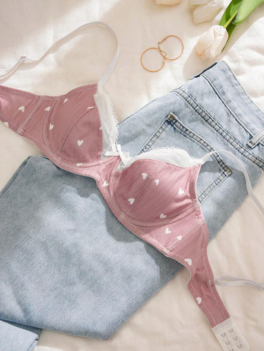 PetitDoll Women Heart-Shaped Print Color Block Bra, Kawaii