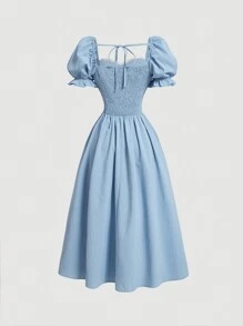 SHEIN MOD 純色復古泡泡袖女裝連身裙,帶蕾絲裝飾 - 藍色 - 查看 2