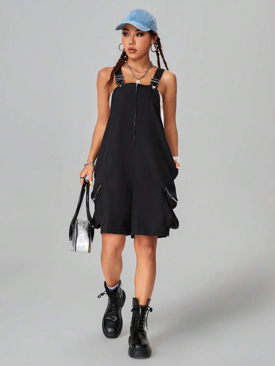 Coolane 女士戶外活動工裝風超大口袋吊帶連身褲 - 黑色 - 查看 1