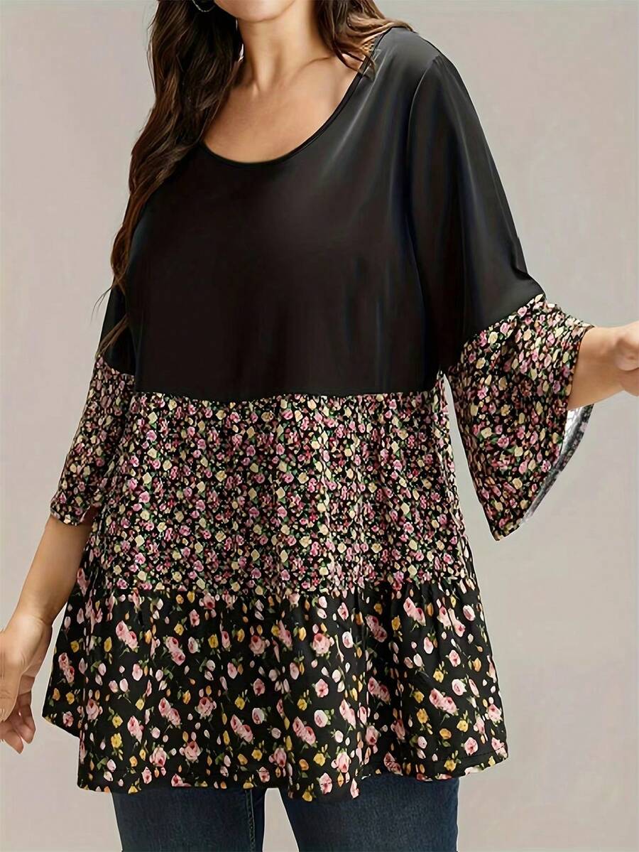 Plus Size Casual Floral Patchwork Bell Sleeve Vacation Top - Black - View 1