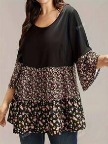 Plus Size Casual Floral Patchwork Bell Sleeve Vacation Top