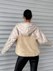 EURMUSE 拼接抗寒棉袄，收納帽冬季外套，兩側口袋，teddy毛料，保暖且時尚 - 米色 - 查看 2