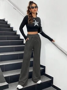 SHEIN EZwear 女士純色束口腰休閒運動長褲 - 深灰色 - 查看 5
